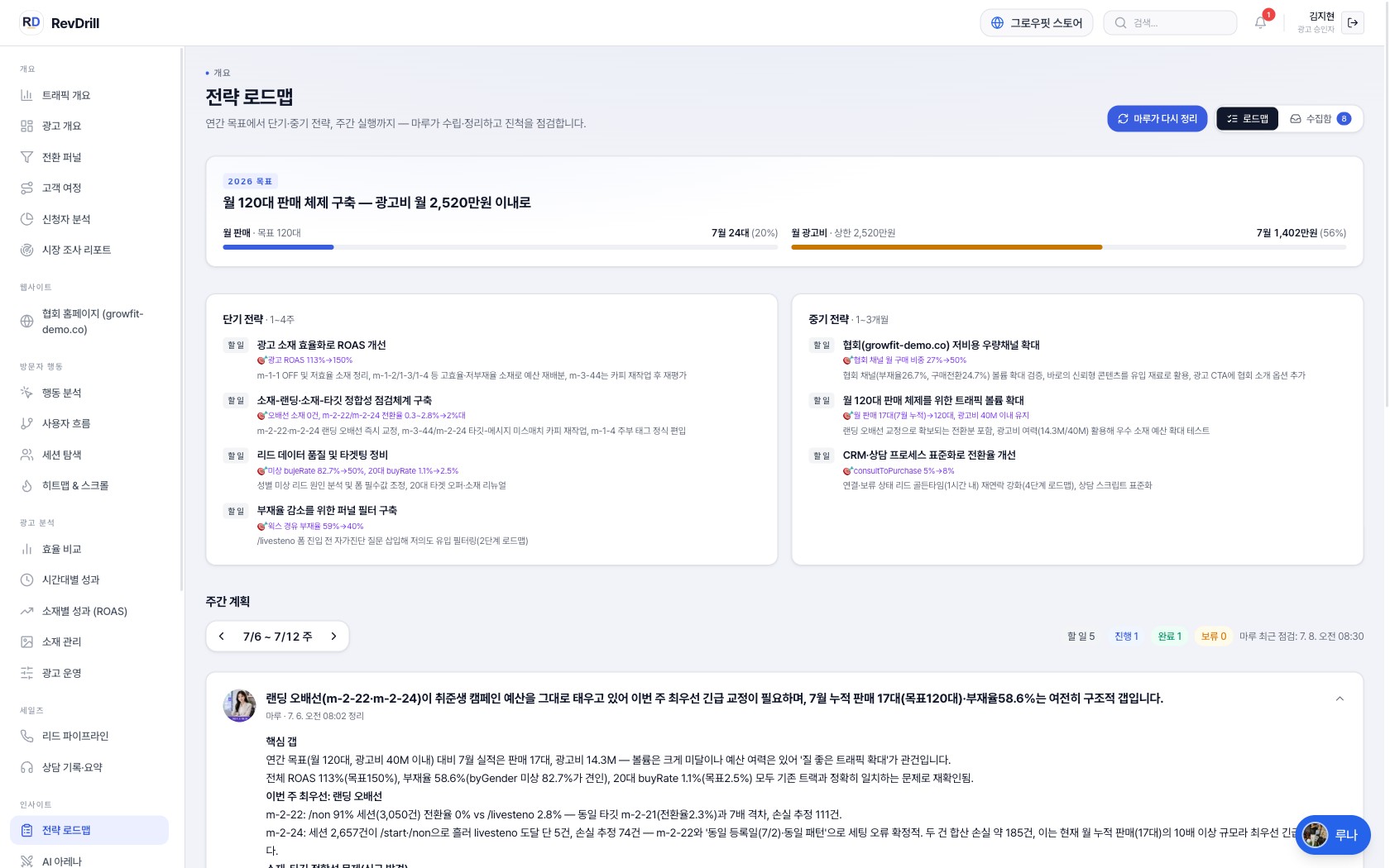 전략 로드맵 — 2026 목표 게이지와 마루의 주간 브리핑